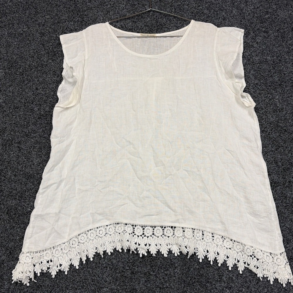 Terzo Millennio Top Womens 2X White Linen Crochet Hem Made in Italy Lagenlook